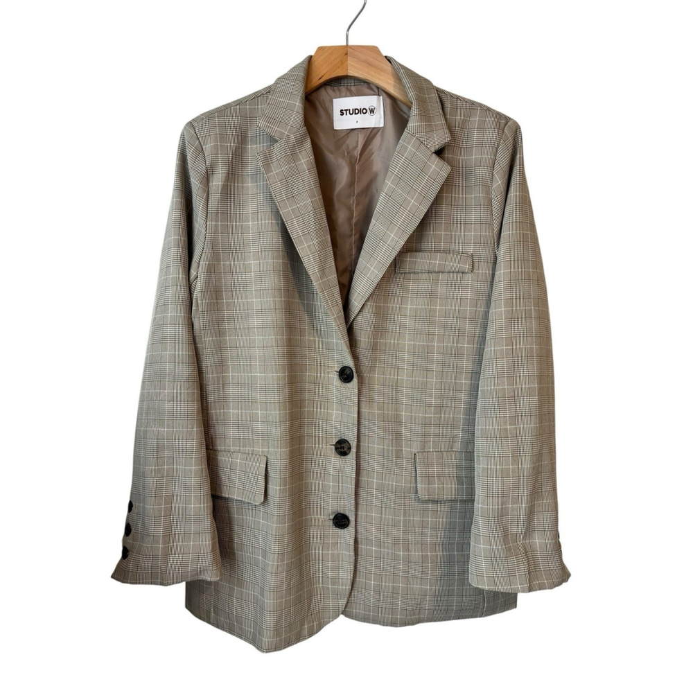 Studio W Blazer Womens Size 14 Beige Plaid Jacket